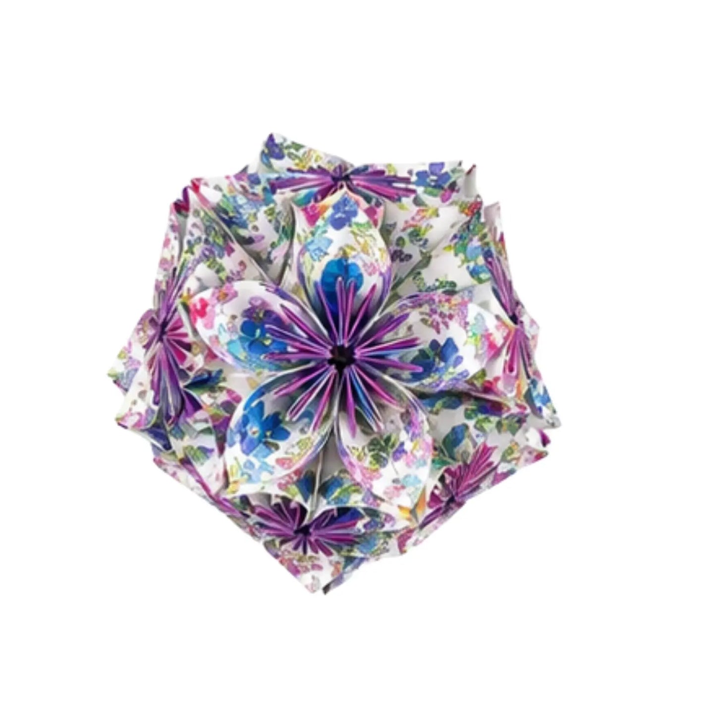 A 3D paper origami flower with a white background and a colorful floral pattern featuring purple, blue, pink, and green.