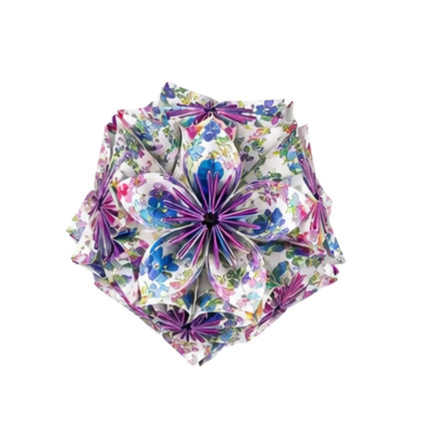 A 3D paper origami flower with a white background and a colorful floral pattern featuring purple, blue, pink, and green.