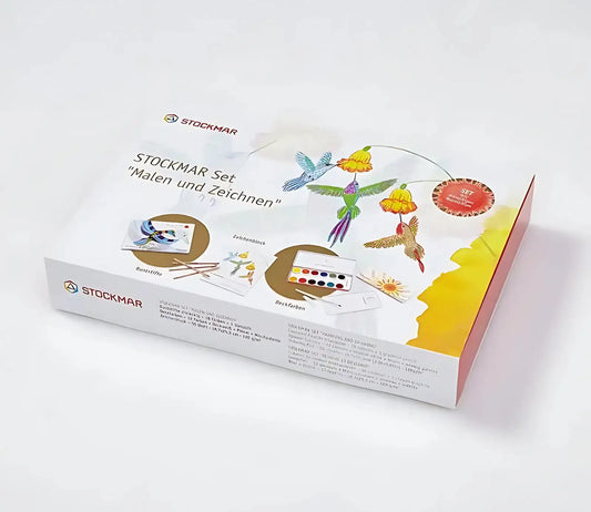 Painting and drawing set with opaque paints, colored pencils, and art pad in box