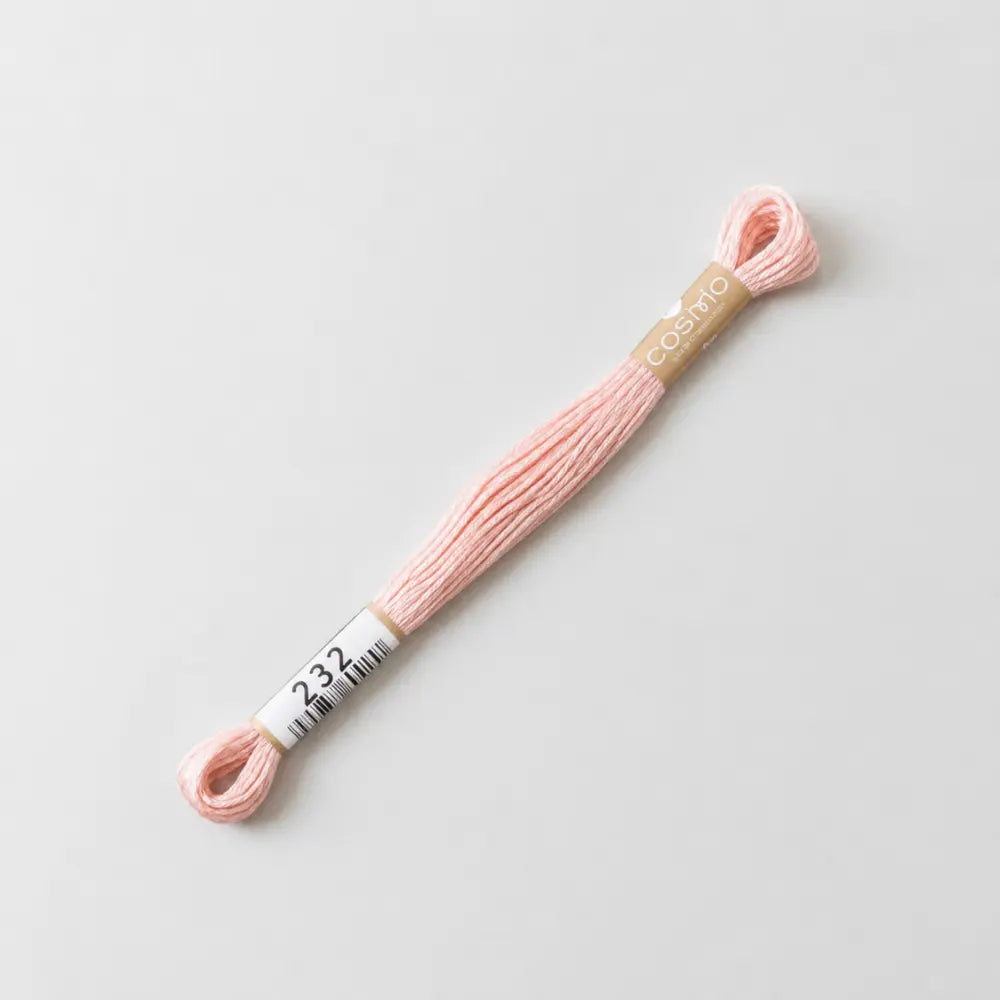 Pink embroidery floss with a label on a light gray background