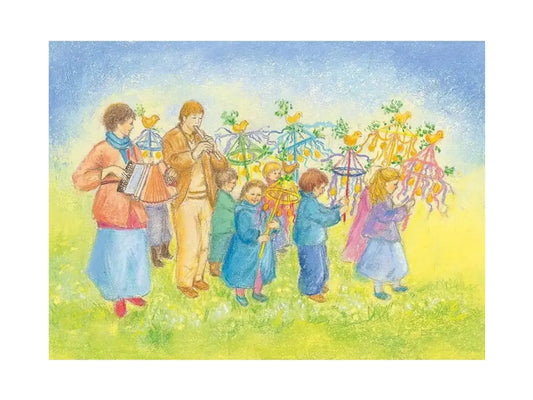 Palm Sunday Procession postcard by Marjan van Zeyl featuring children carrying colorful ribbon-decorated branches.