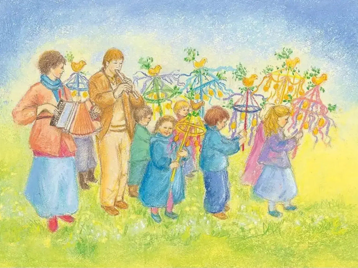Palm Sunday Procession postcard by Marjan van Zeyl featuring children carrying colorful ribbon-decorated branches topped with golden birds, accompanied by musicians playing flute and accordion.