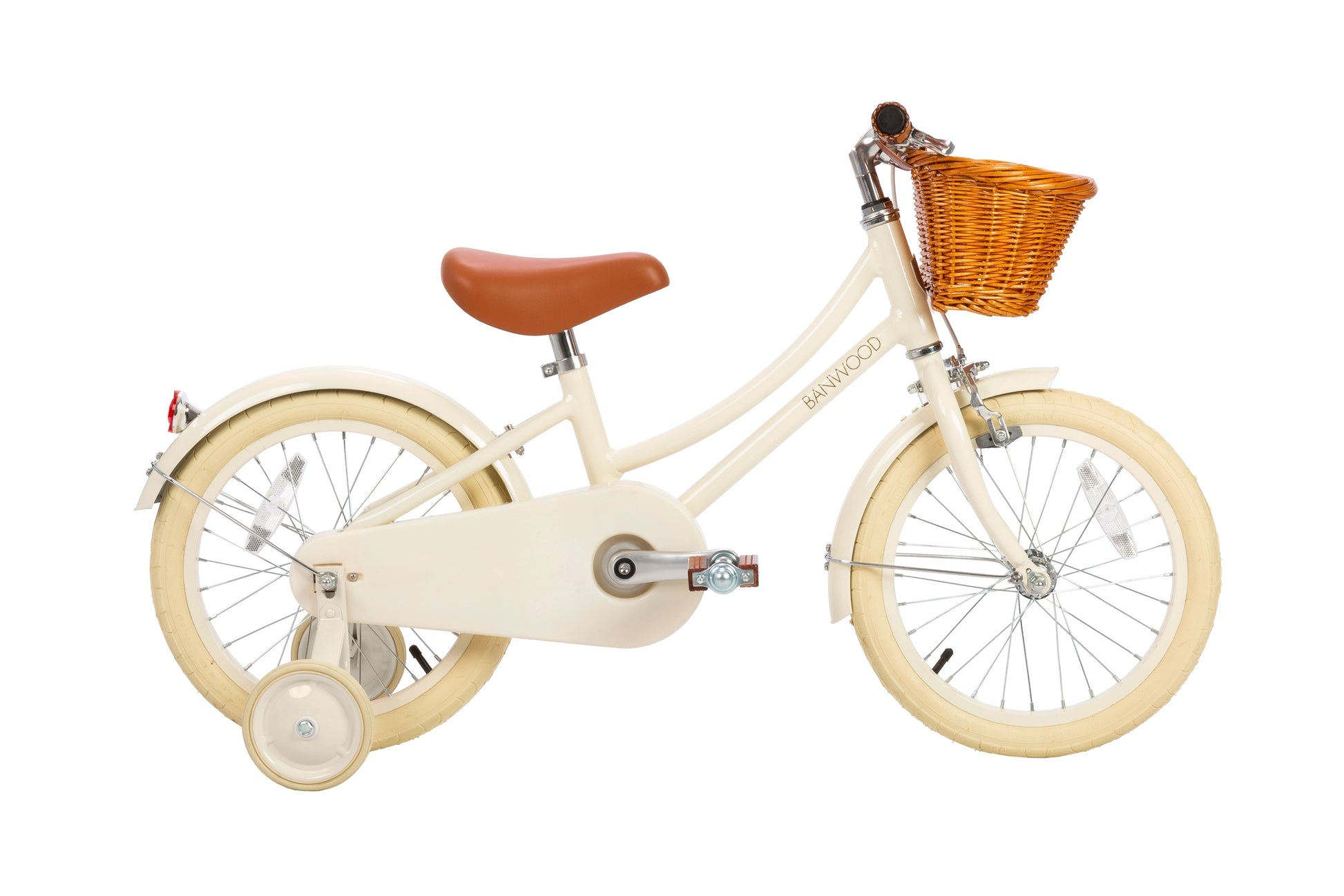 Children's  first pedal bicycle with training wheels and a basket on a white background