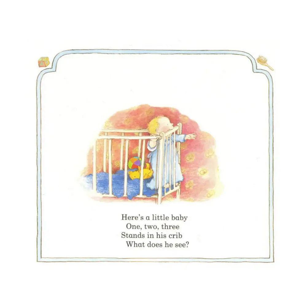 Illustration of a baby in a crib with toys, surrounded by text.