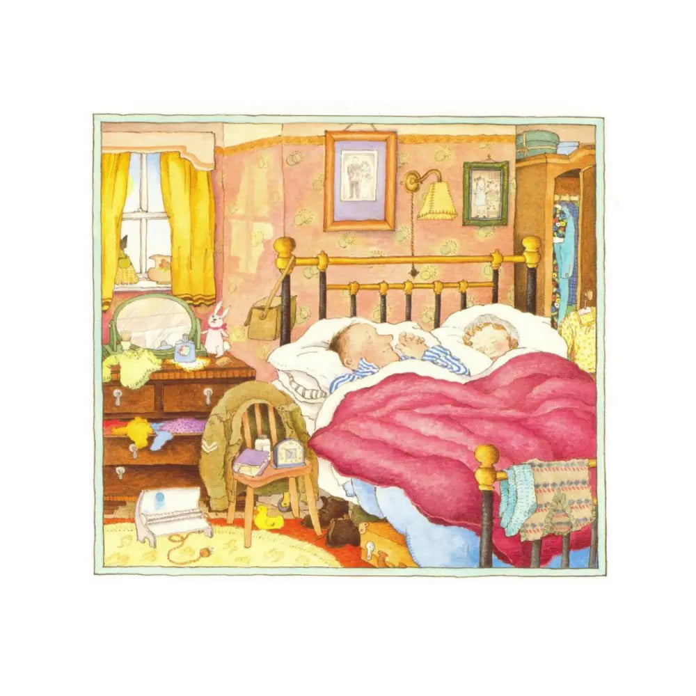Illustration of two parents sleeping in bed with a teddy bear, in a bedroom setting