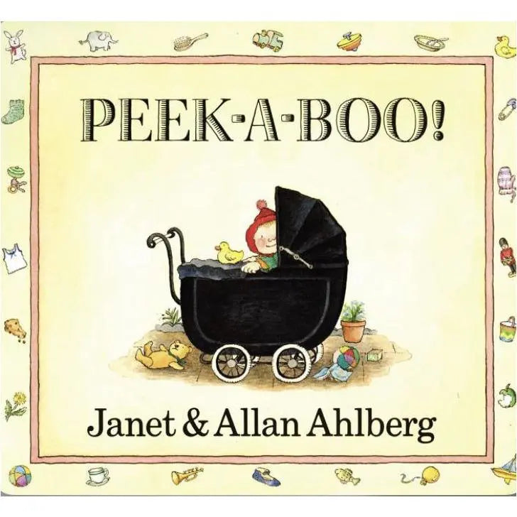Book cover of 'Peek-a-Boo!' by Janet & Allan Ahlberg with a baby in a pram illustration.
