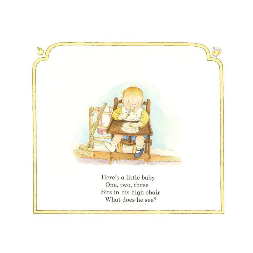 Illustration of a baby in a high chair with text below.
