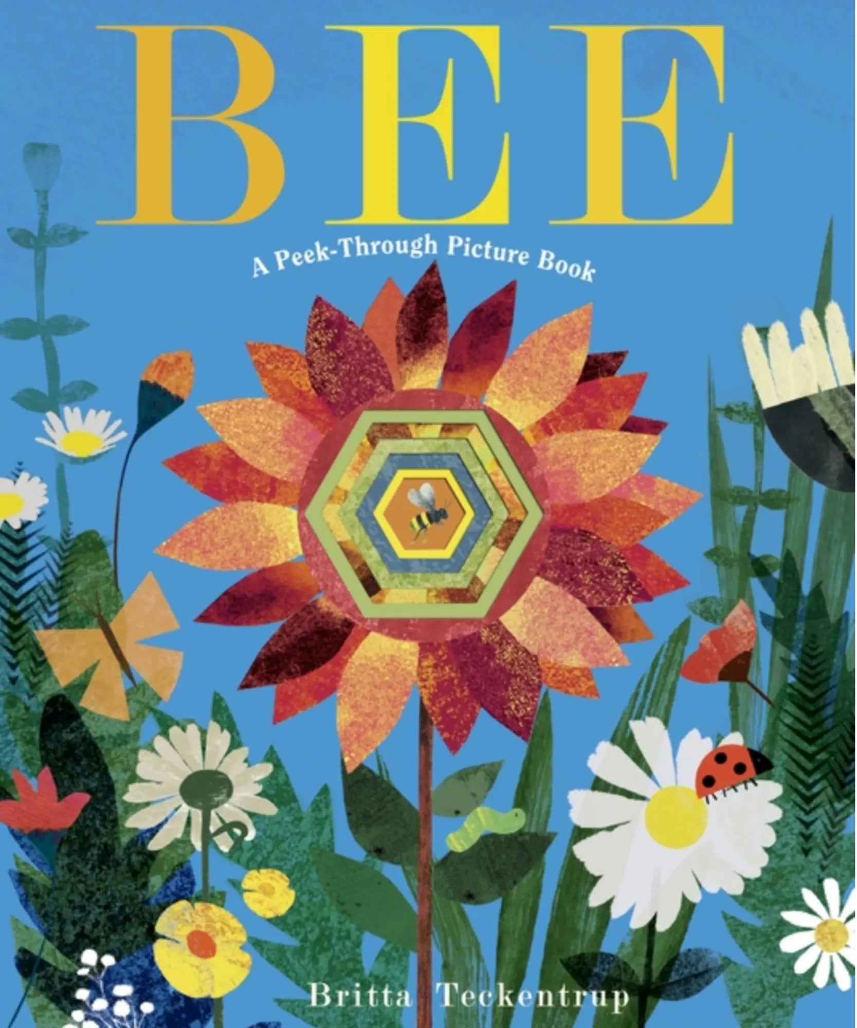 Book cover of 'BEE' with colorful flowers and a bee on a blue background