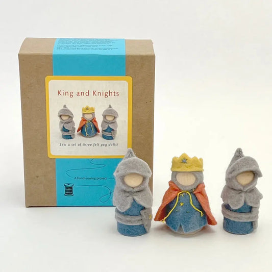 Set of felt king and knight dolls with packaging on a white background