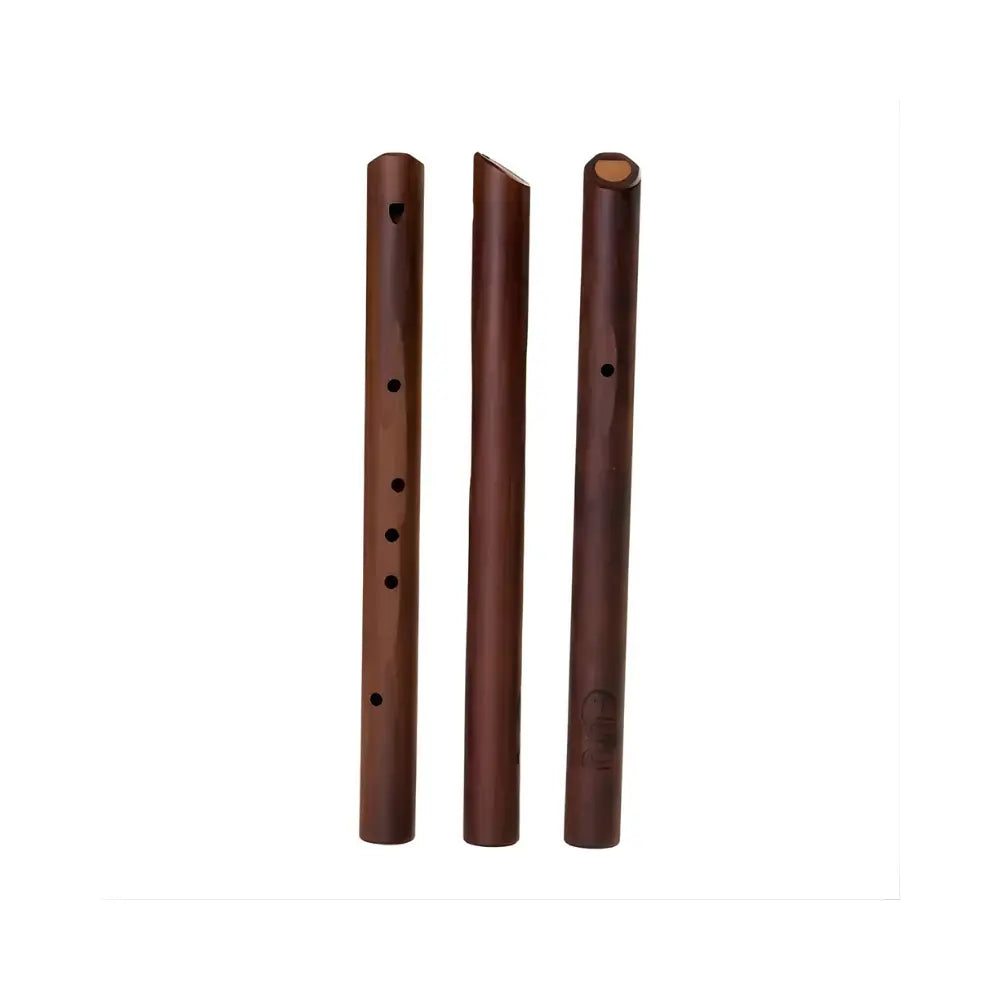 Three wooden pentatonic flutes of side by side showing different views on a white background
