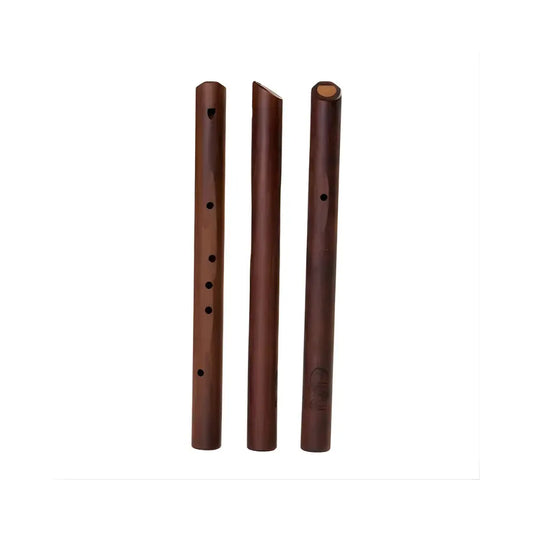 Three wooden pentatonic flutes of side by side showing different views on a white background