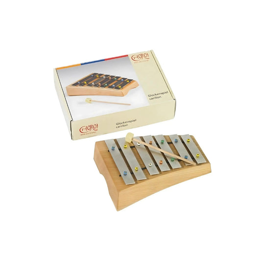 Wooden carillion chimes glockenspiel with steel bars displayed in front of its packaging.