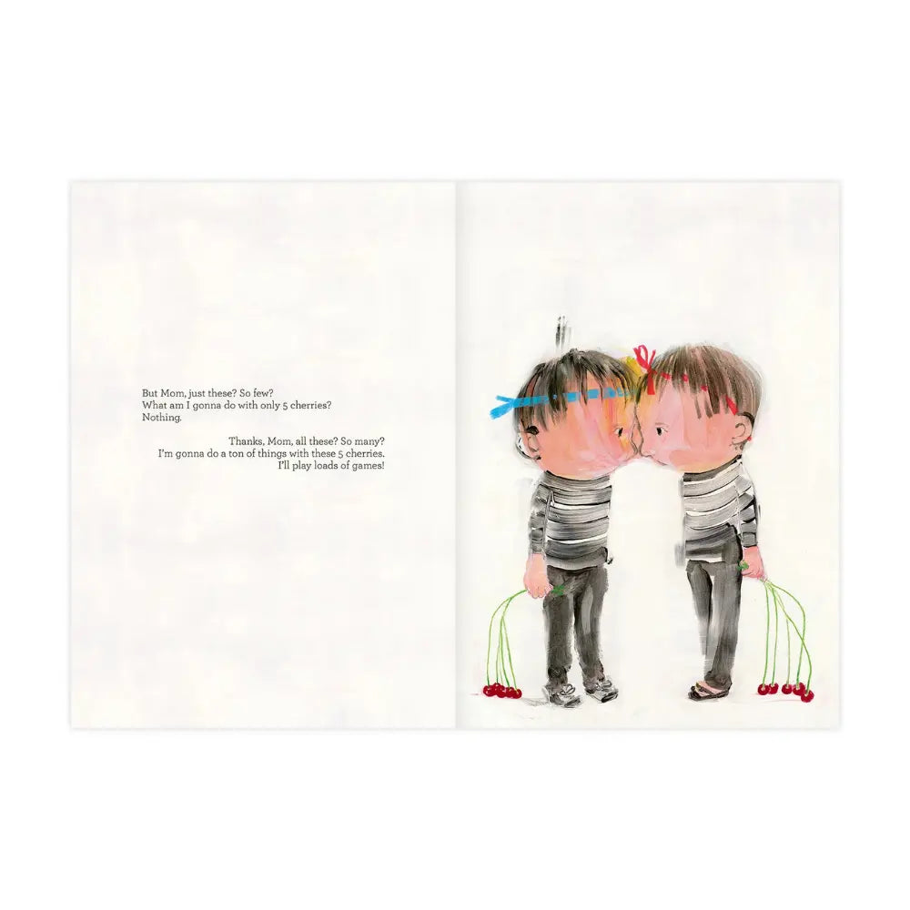 Two children twins head to head holding 5 cherries and text about their imagination taking off