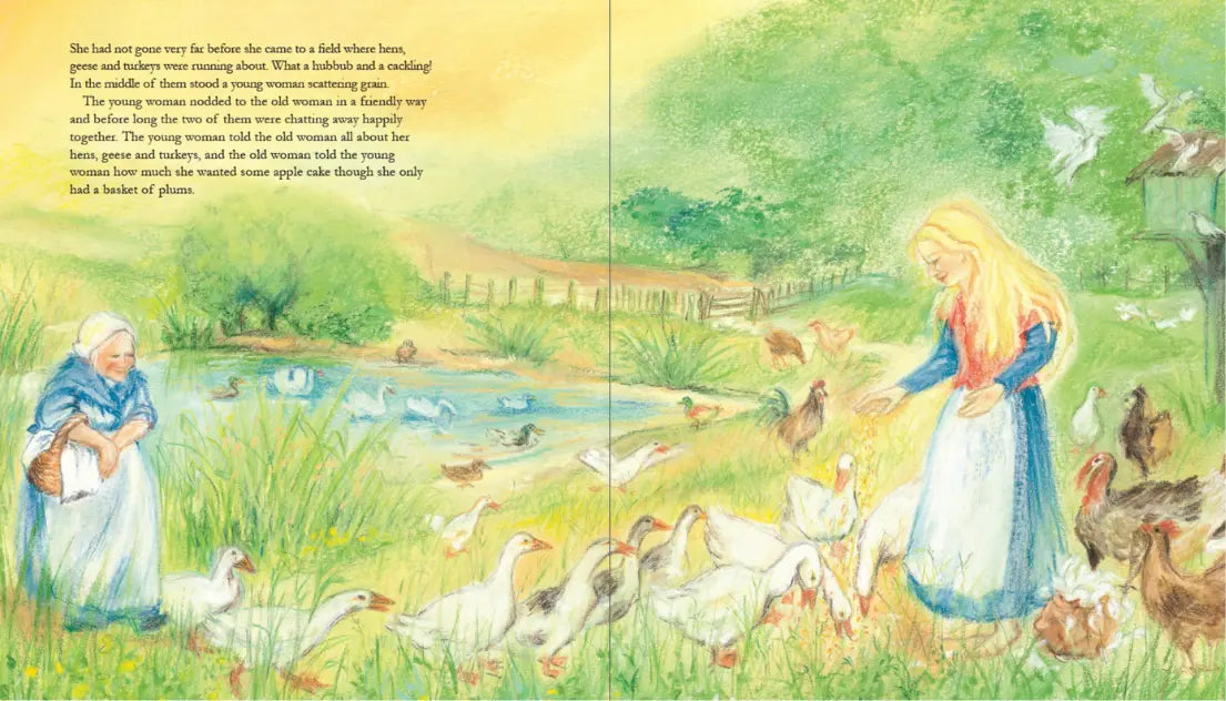 Illustrated book page with two women and chickens in a pastoral setting