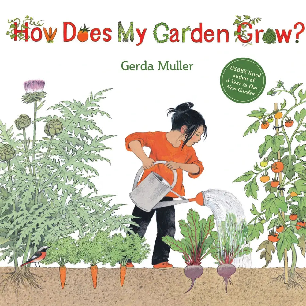 Book cover of 'How Does My Garden Grow?' with a girl watering plants and illustrations of garden vegetables.