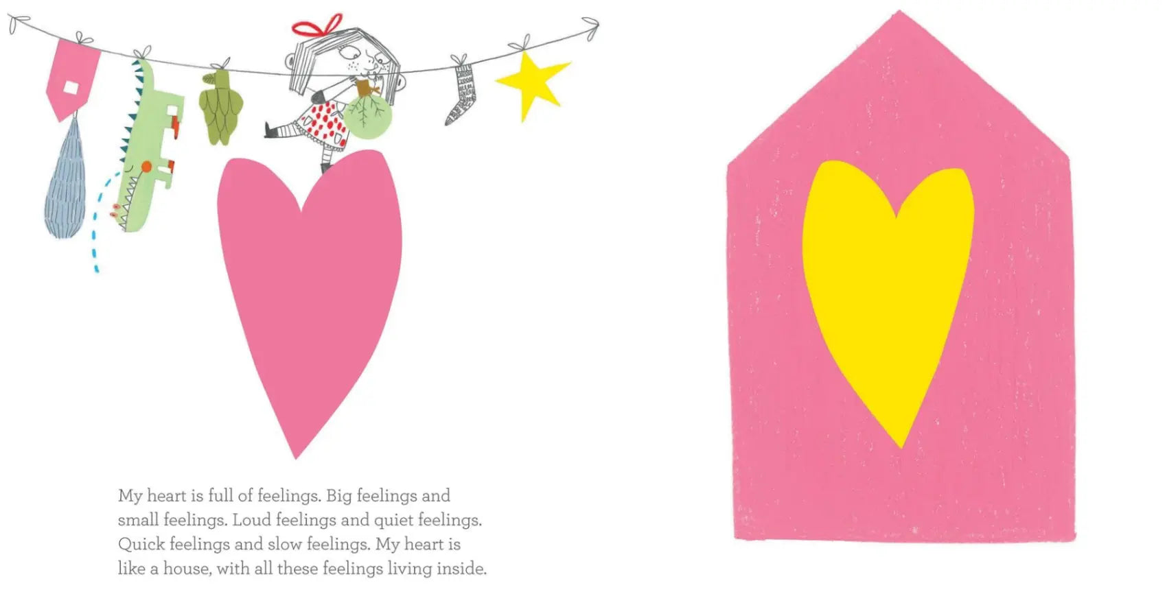 illustration and text from the inside of In My Heart children's book of a child hanging paper cutouts
