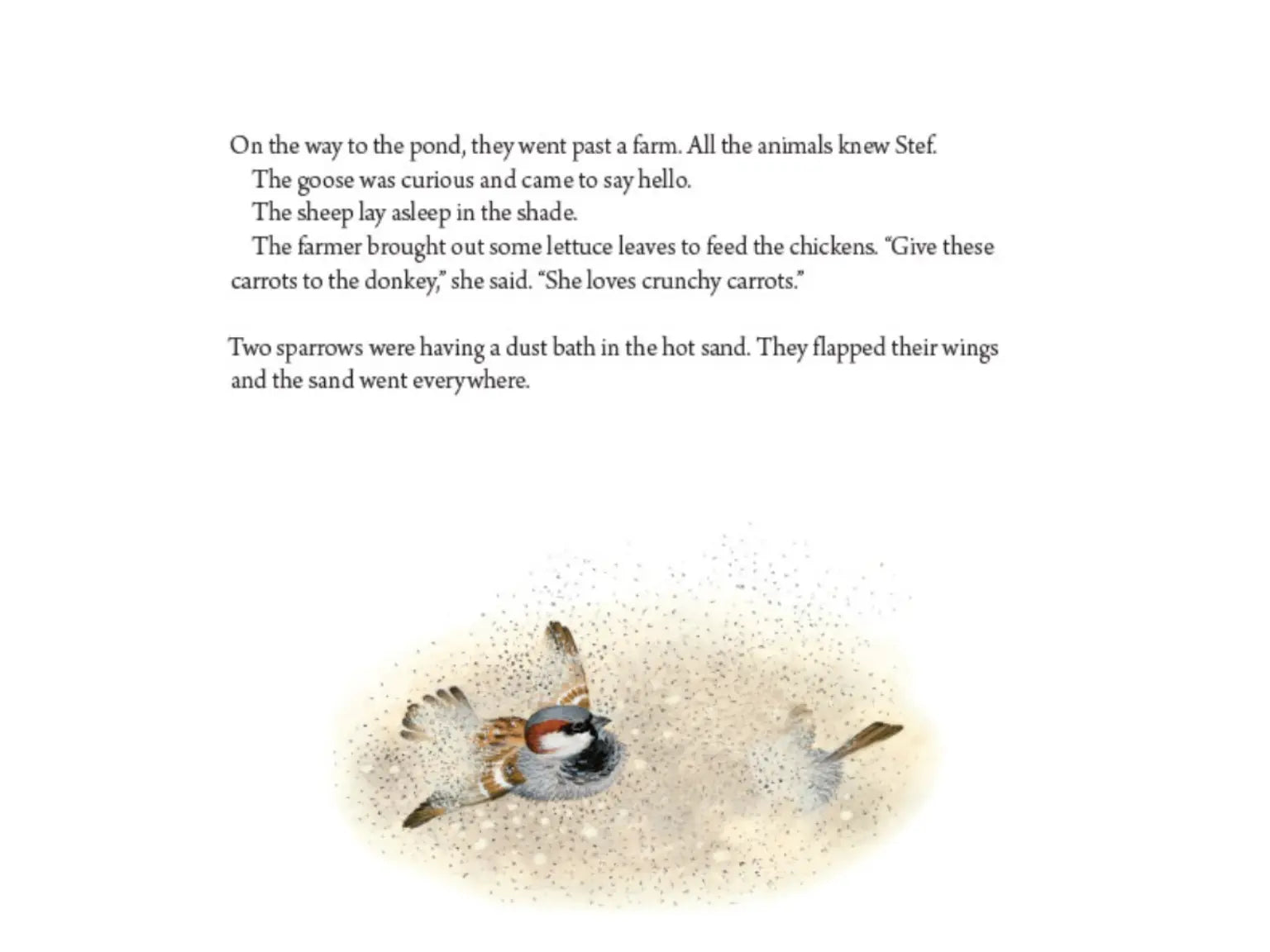 a sparrow taking a dust bath with text from the book about farm animals