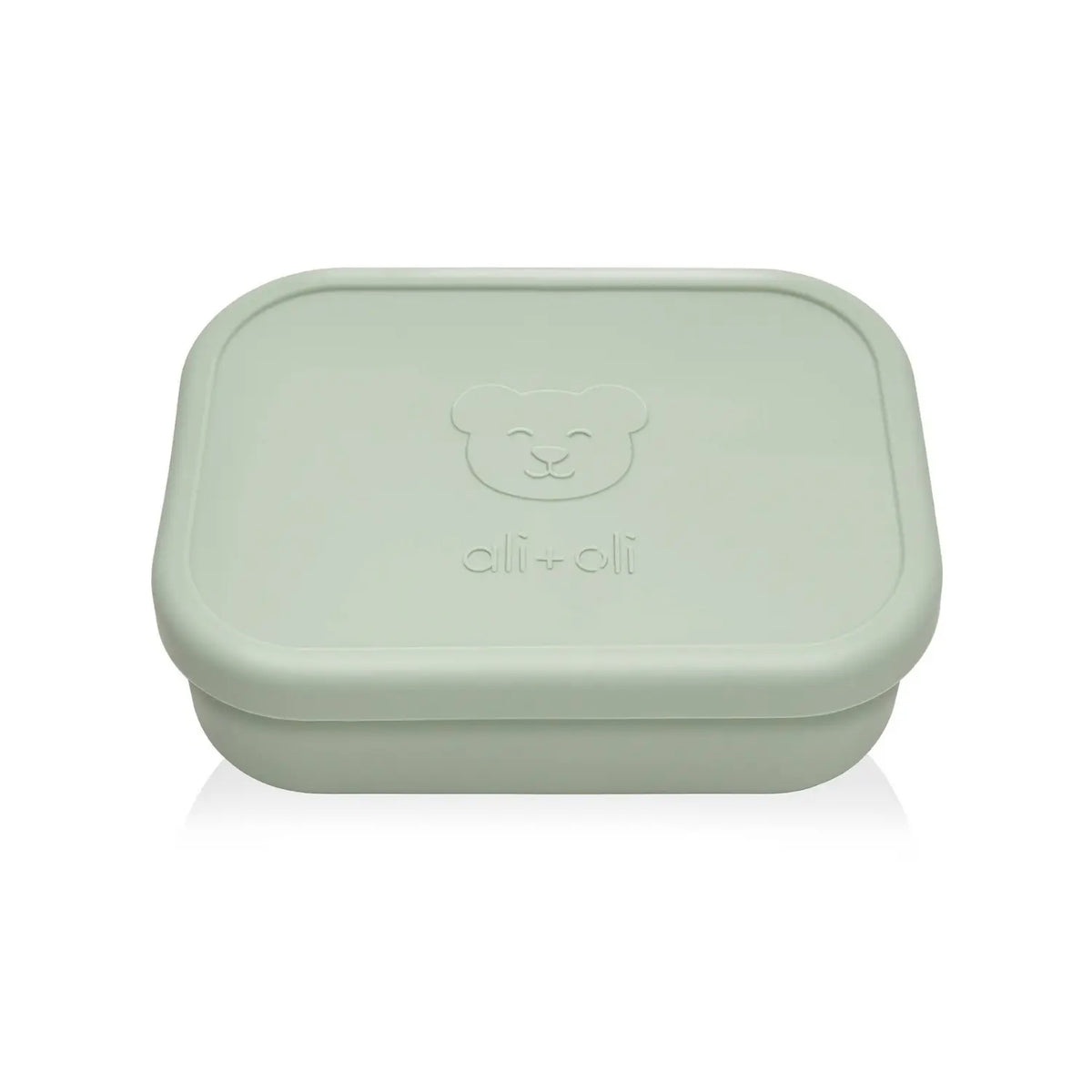 Closed pine green bear silicone bento box with embossed bear design.