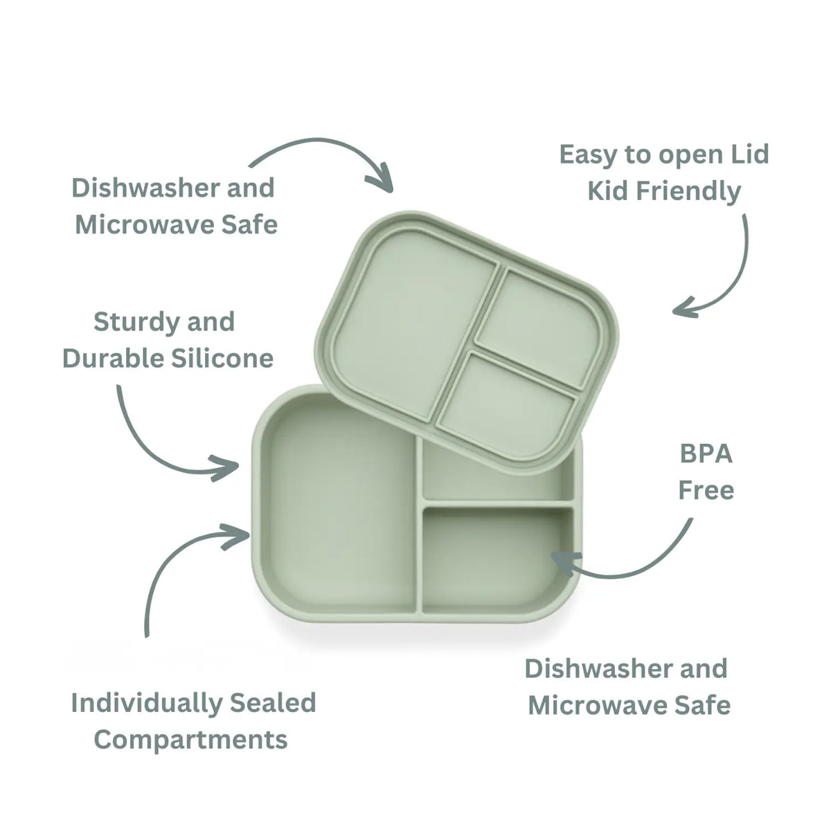 Pine green silicone bento box with qualities described in text