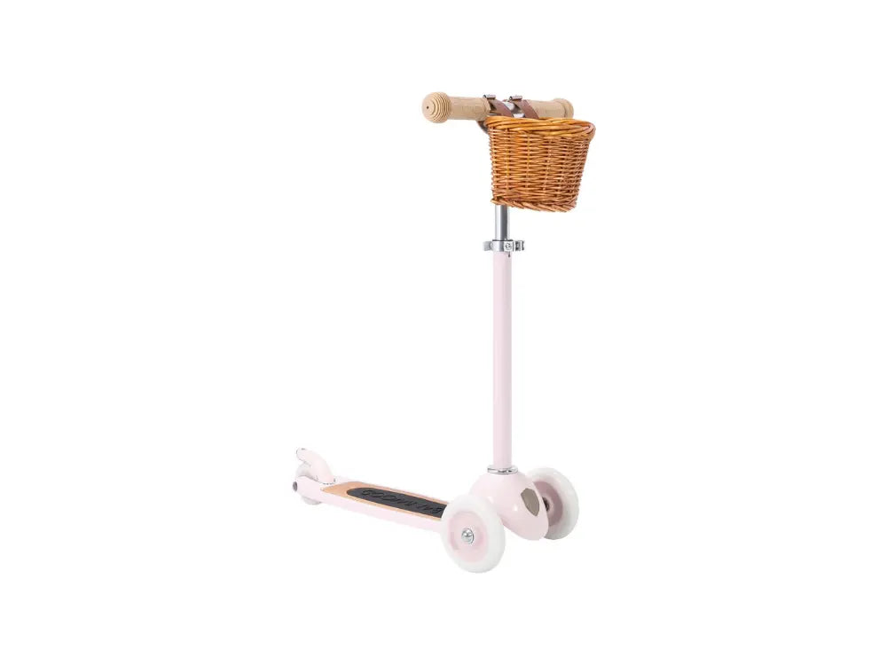 pink 3 wheel scooter with wicker basket
