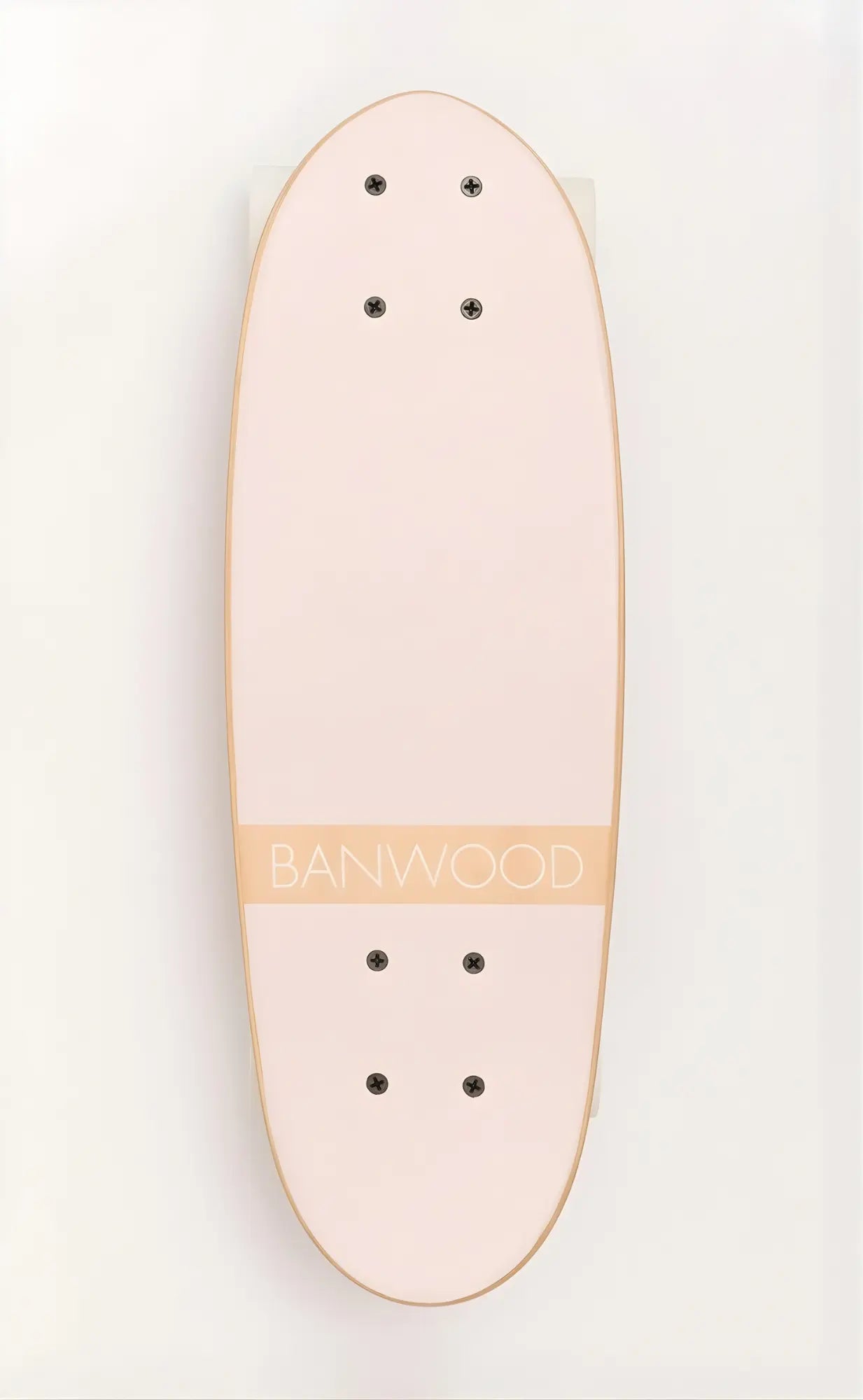 Pink skateboard deck with 'Banwood' branding on a white background