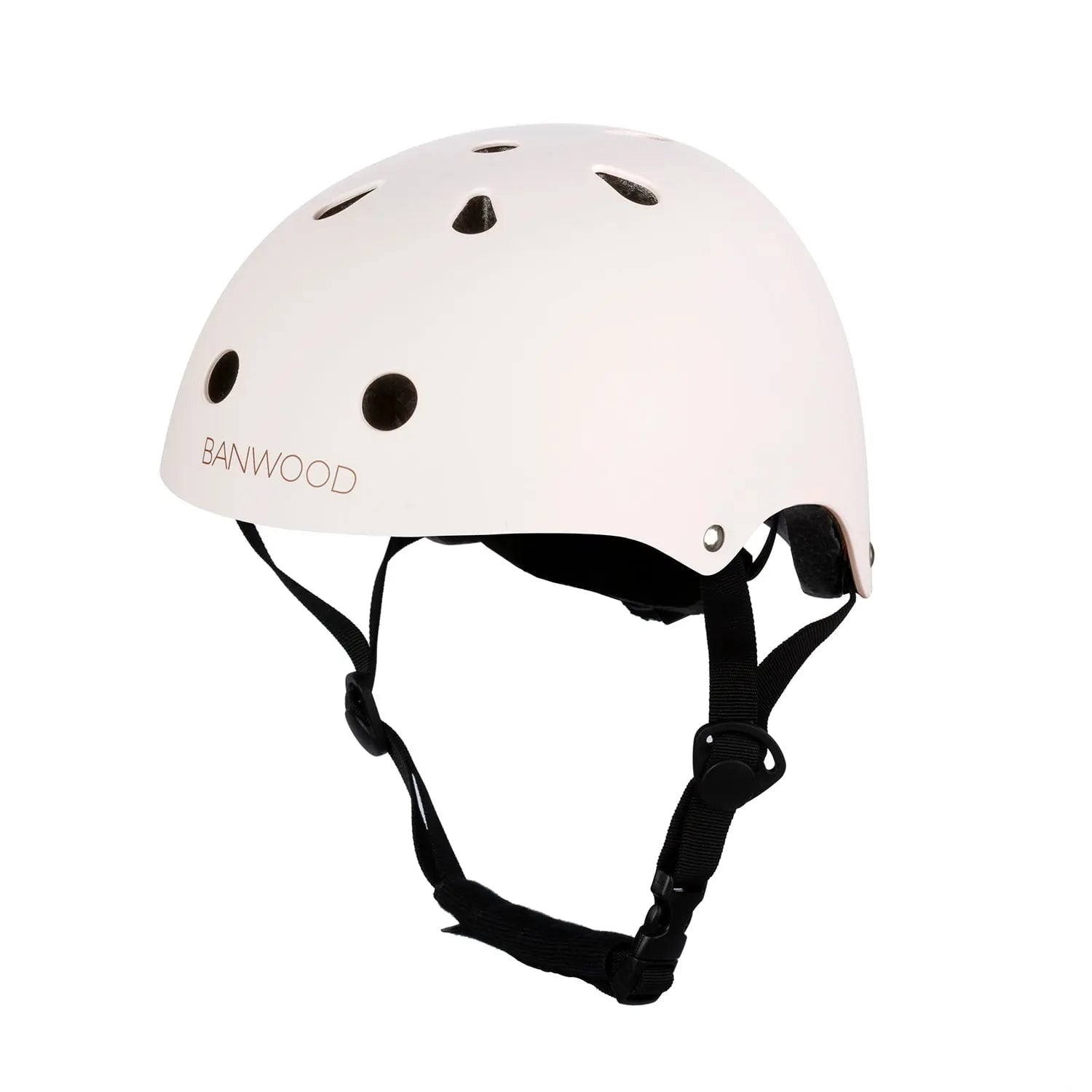 White helmet with black straps on a white background, featuring the brand 'Banwood'.