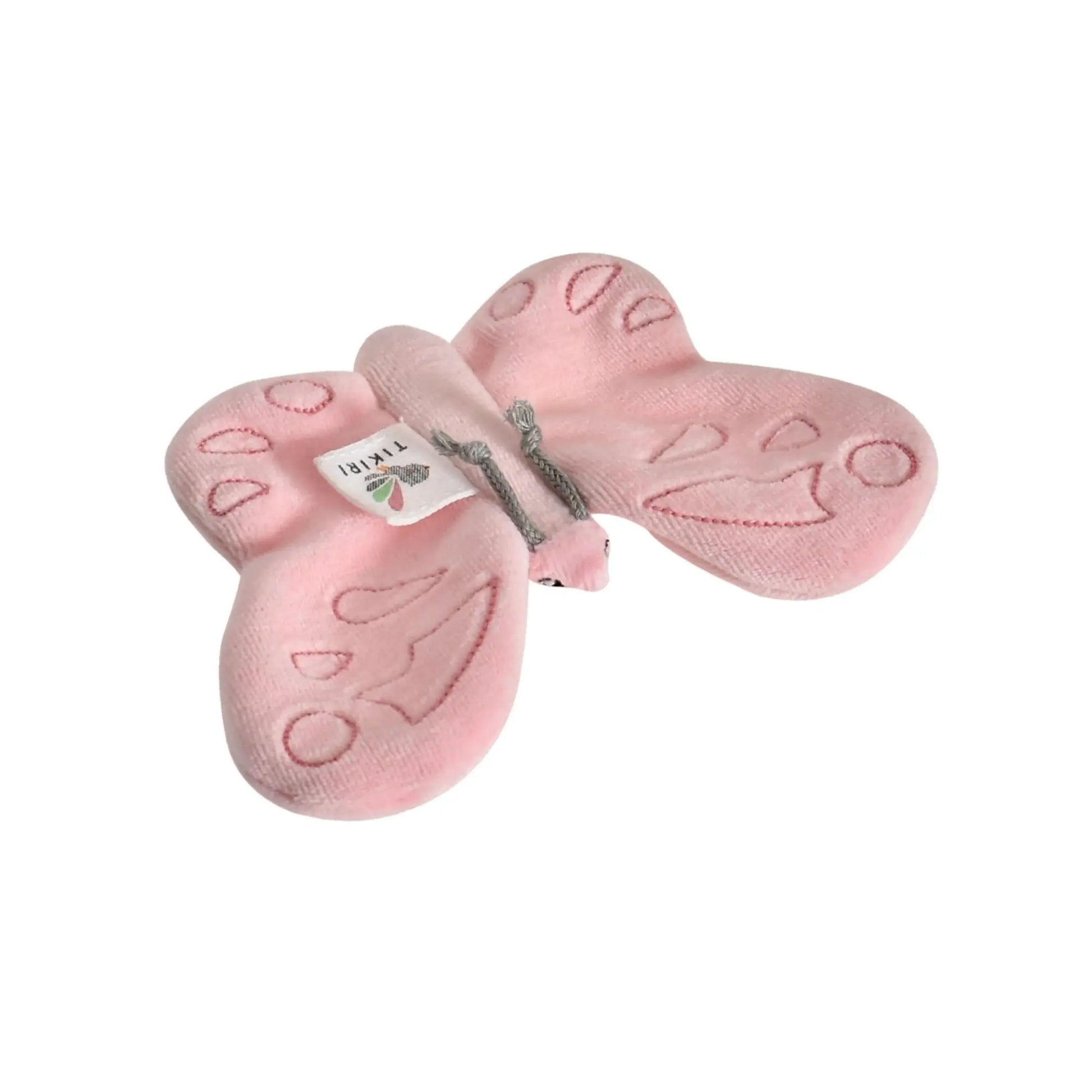 Tikiri Scrunchies pink butterfly sensory toy on white background
