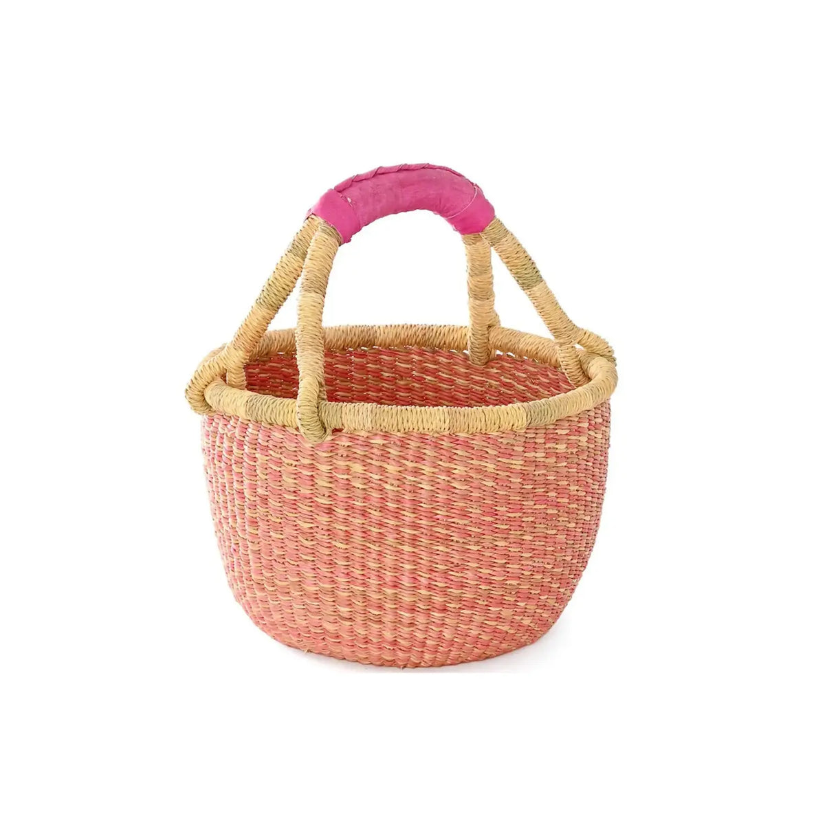 Pink handwoven children's Bolga basket with a bright pink wrapped handle on a white background.