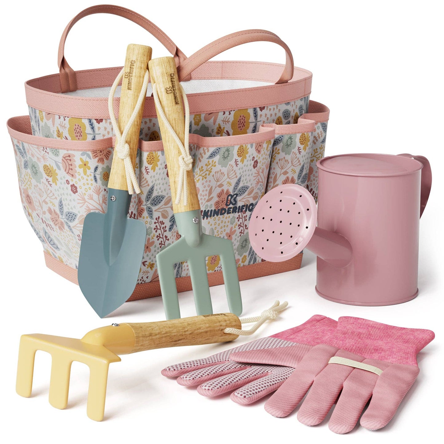Gardening tool set with a floral-patterned tote, pink watering can, and gardening tools on a white background.