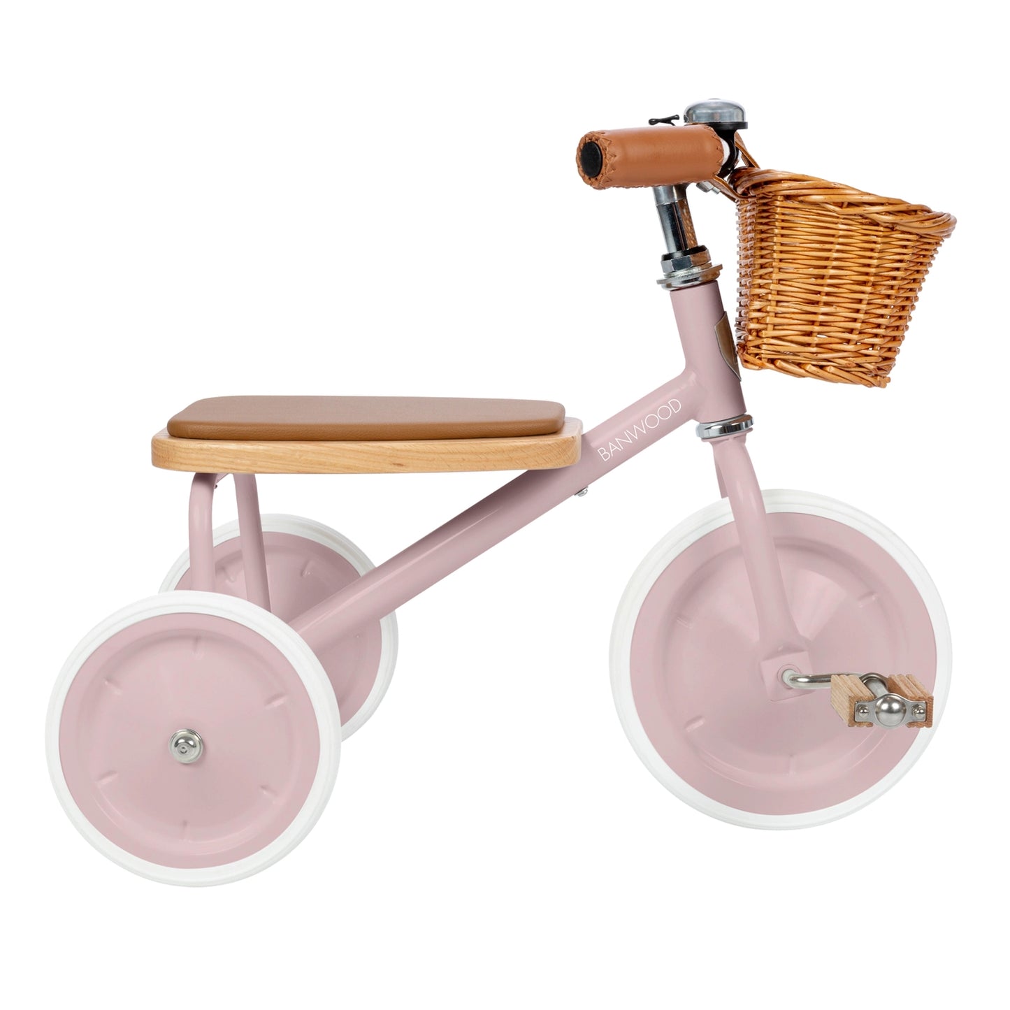 Pink children's tricycle with a wooden seat and basket on a white background