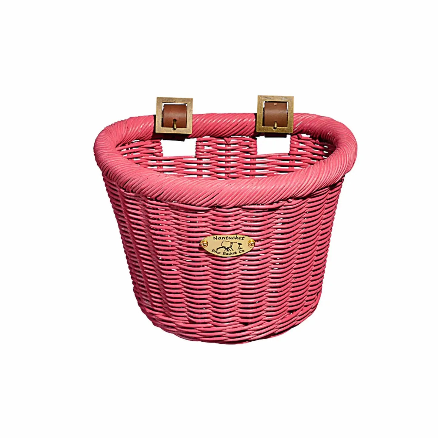 Pink wicker bicycle basket with gold accents on a white background