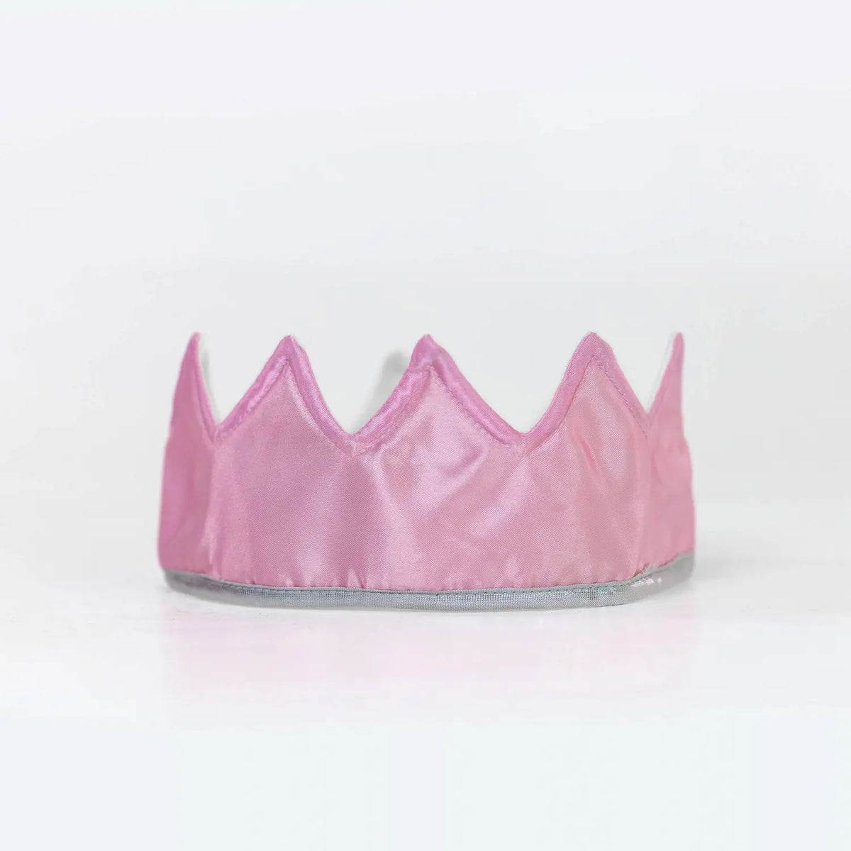 Pink and silver satin dress-up crown with silver trim for imaginative dress-up play