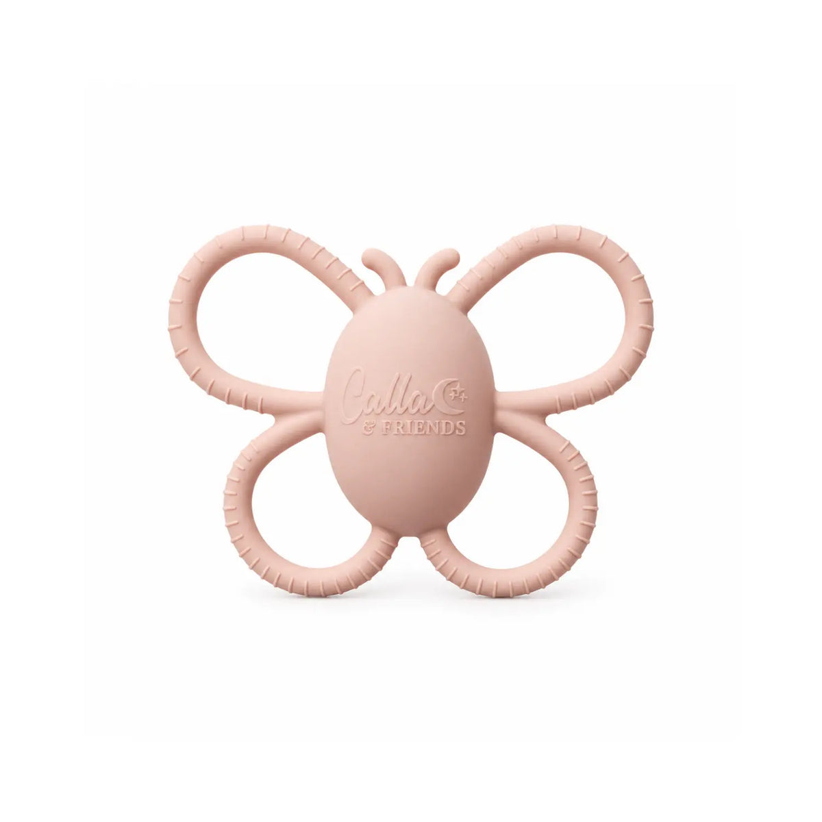 Soft pink Calla & Friends silicone butterfly rattle teether with easy-to-grasp textured wings