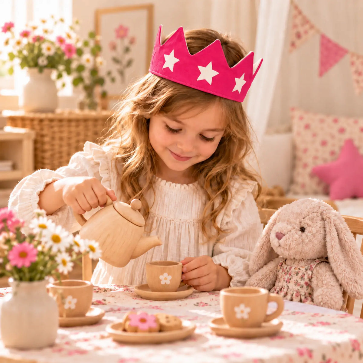 Child wearing a pink star cotton canvas crown during a wooden tea party with a stuffed bunny