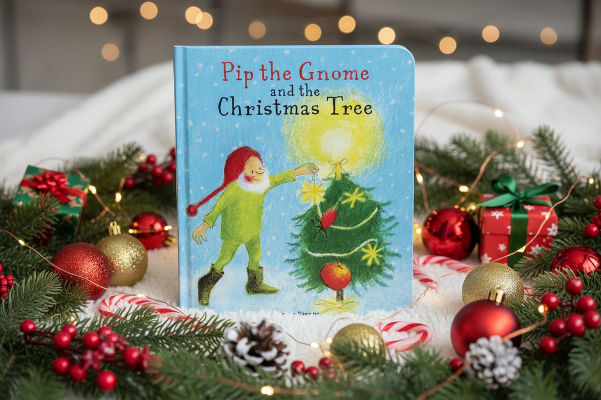 Book cover of 'Pip the Gnome and the Christmas Tree' set inside a holiday wreath
