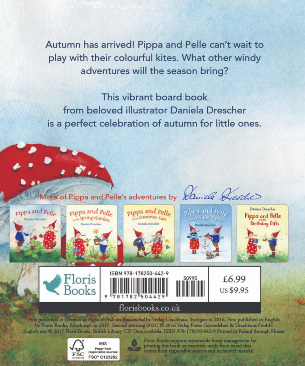 Back cover of a children's book featuring Pippa and Pelle with colorful kites and autumn scenery.