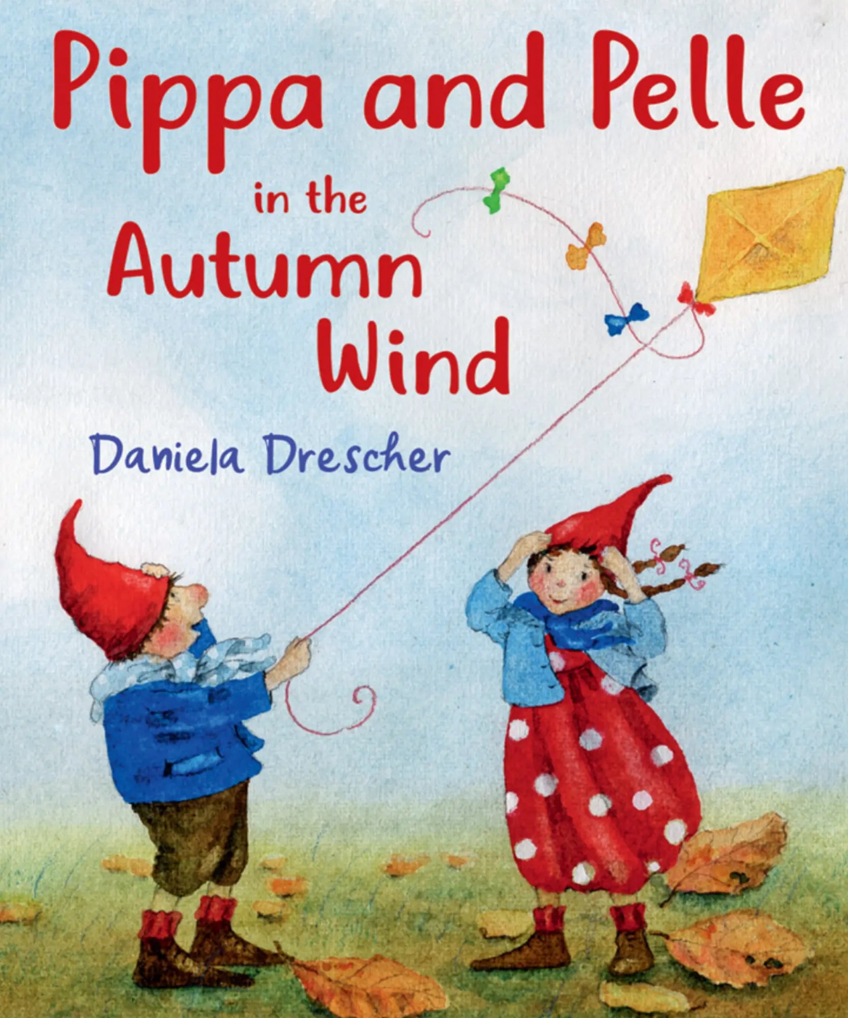 Book cover of 'Pippa and Pelle in the Autumn Wind' with two children flying a kite.