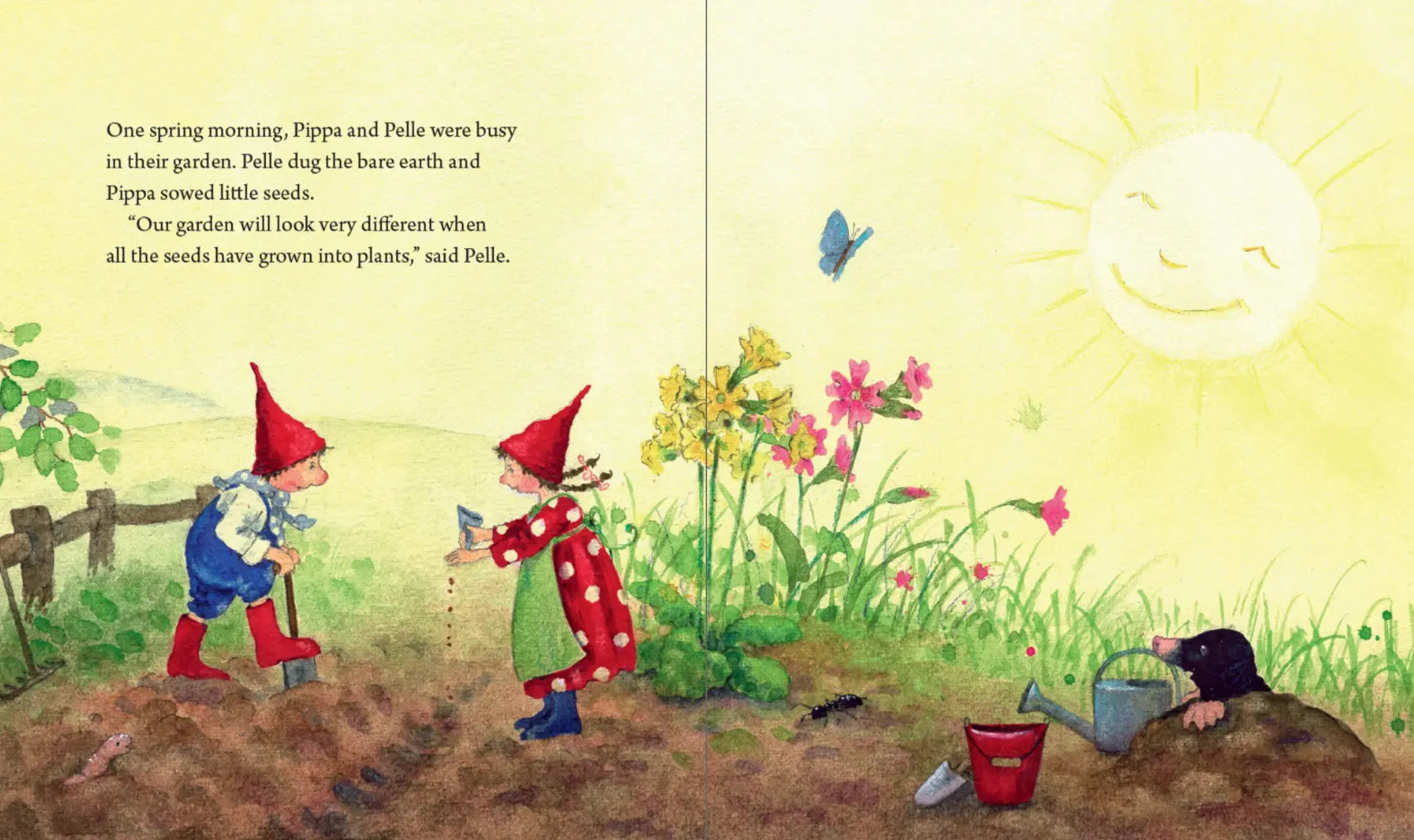 Illustration from a children's book showing two gnomes gardening with flowers and a sun in the background.