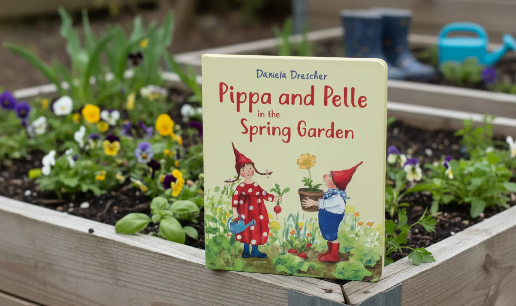 Children's book titled 'Pippa and Pelle in the Spring Garden' by Daniela Drascher, placed in a garden setting with plants and flowers.