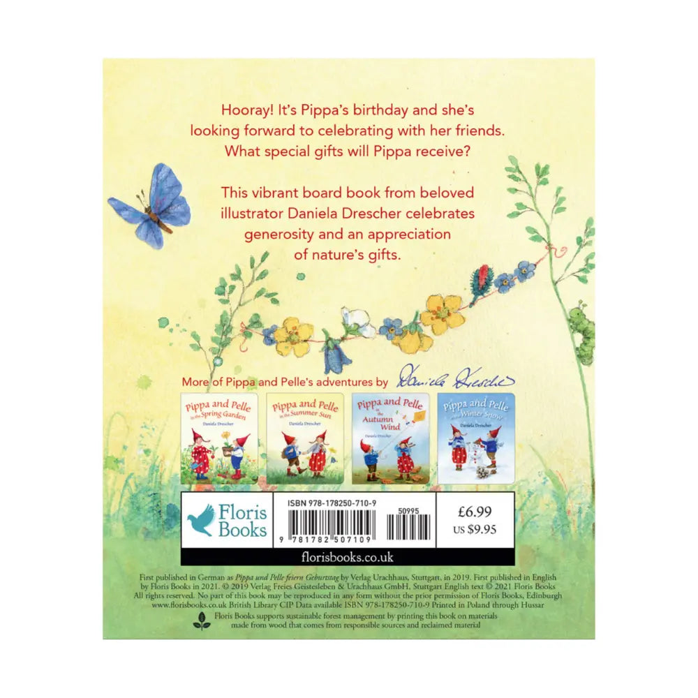 Back of a book with a butterfly and flowers and text that says Pippa's birthday