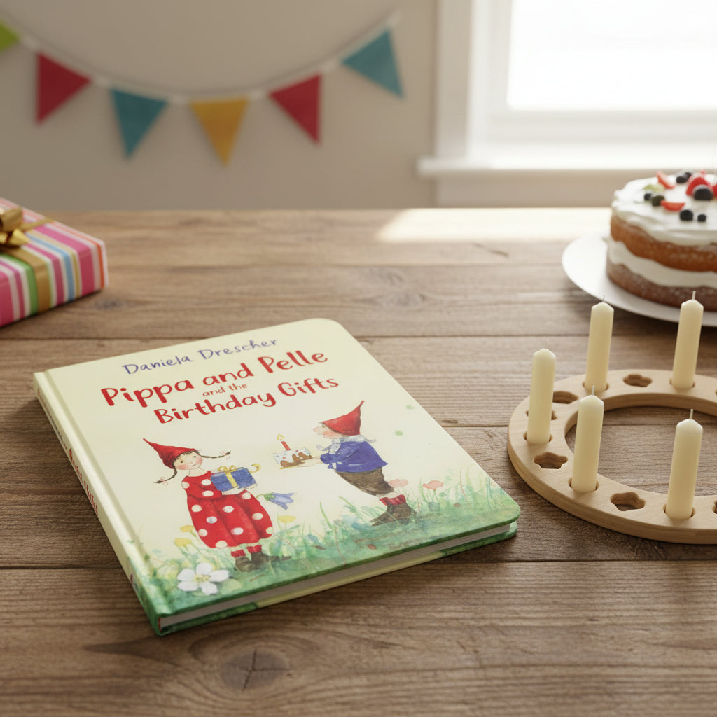 a board book pippa and pelle on a wooden table next to a wooden birthday ring 