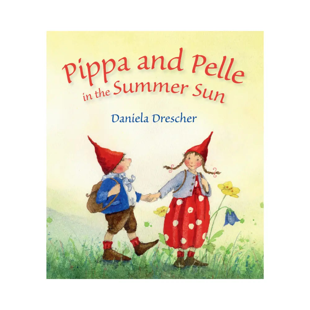 Book cover of 'Pippa and Pelle in the Summer Sun' with two children in red hats holding hands.