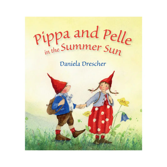 Book cover of 'Pippa and Pelle in the Summer Sun' with two children in red hats holding hands.