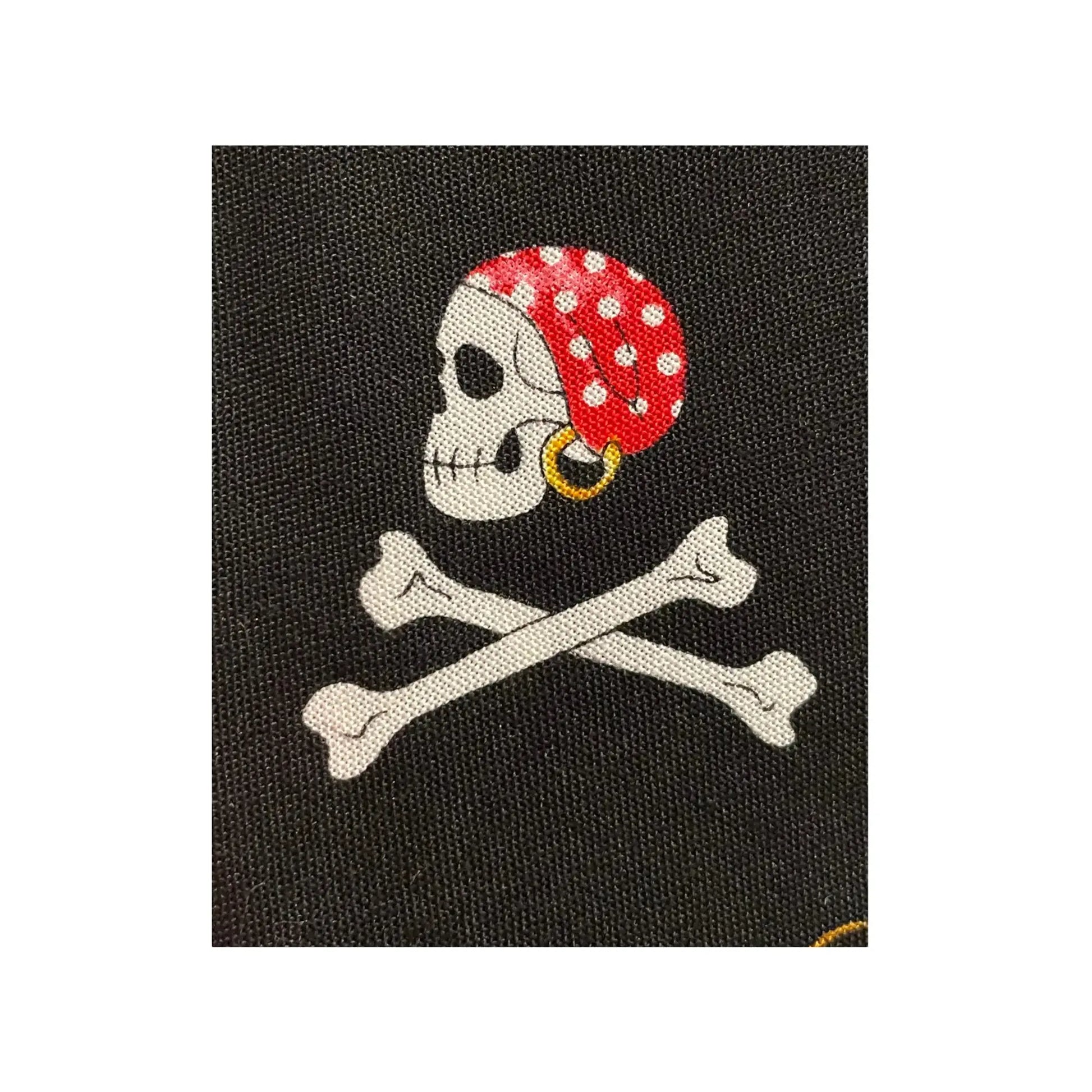Pirate-themed patch with skull and crossbones on a black background