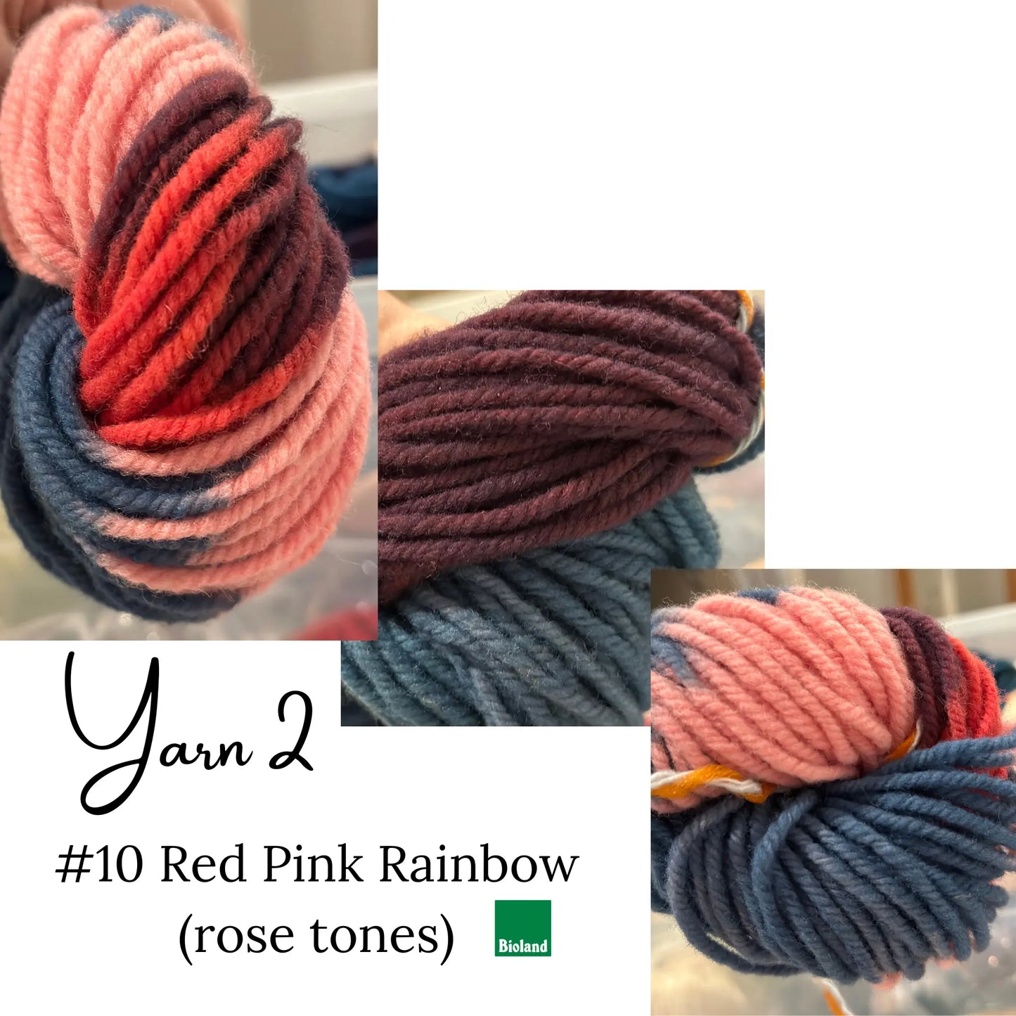 Collage of yarn with red, pink, and blue tones, featuring the brand 'Bordelands'.