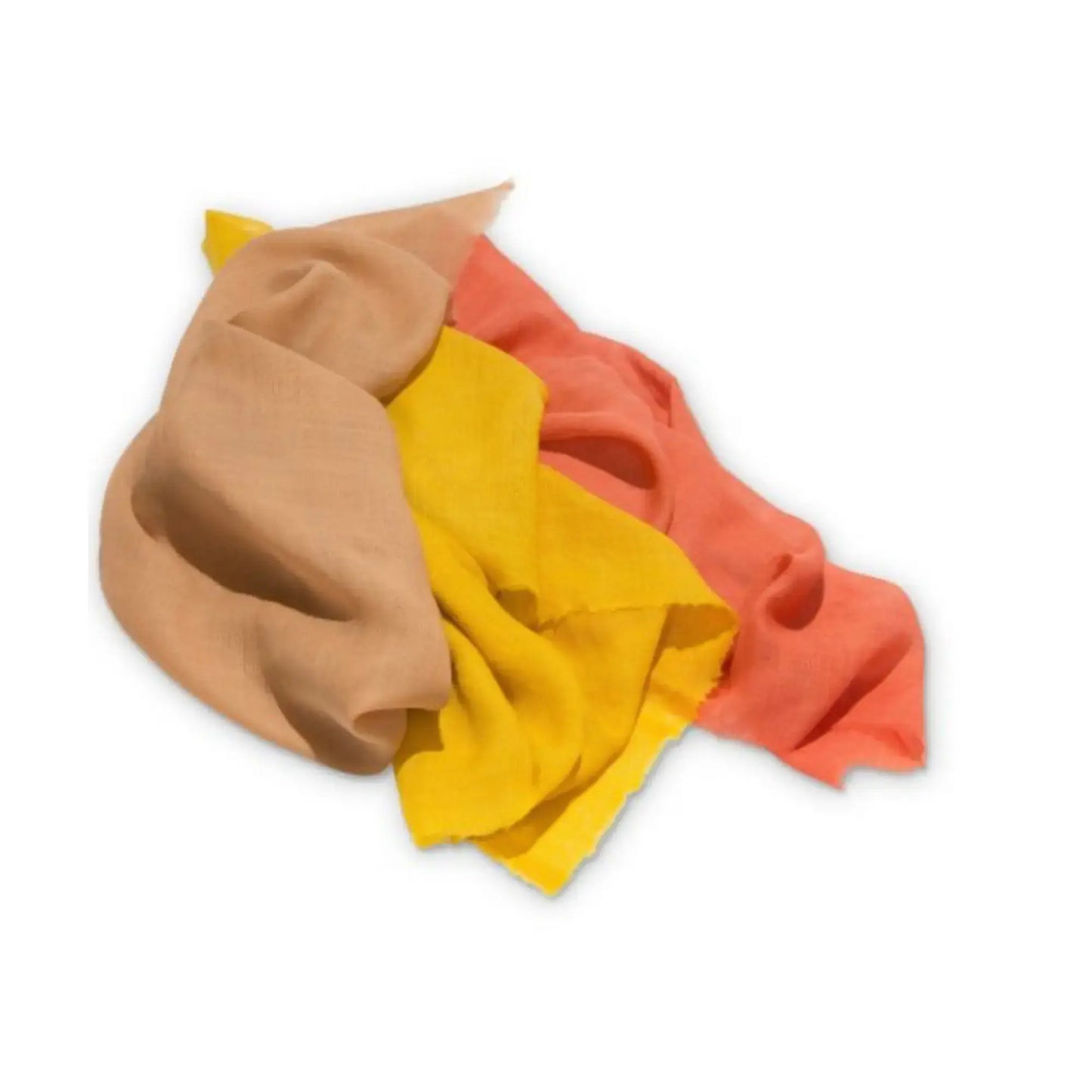 Three autumn plant dyed wool cloths in brown, yellow, and orange on a white background