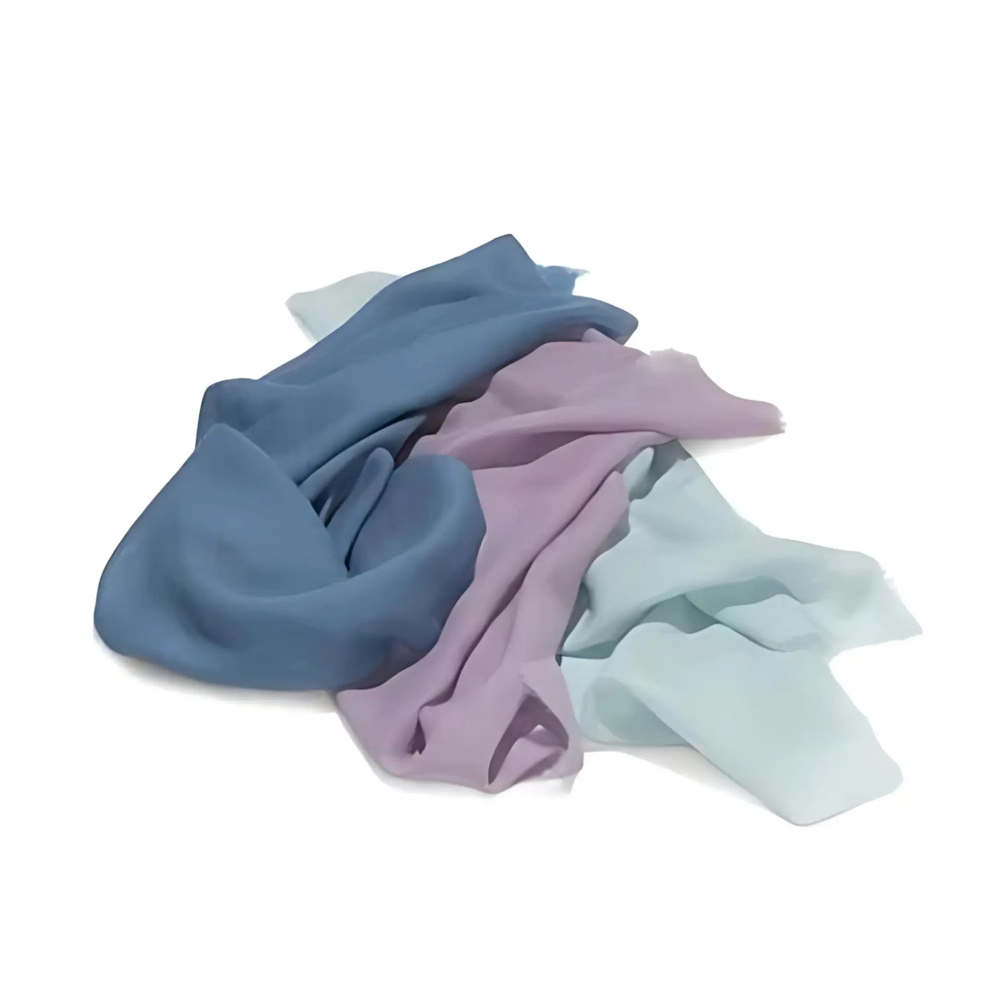 Three wool fabrics in blue, purple, and light blue on a white background