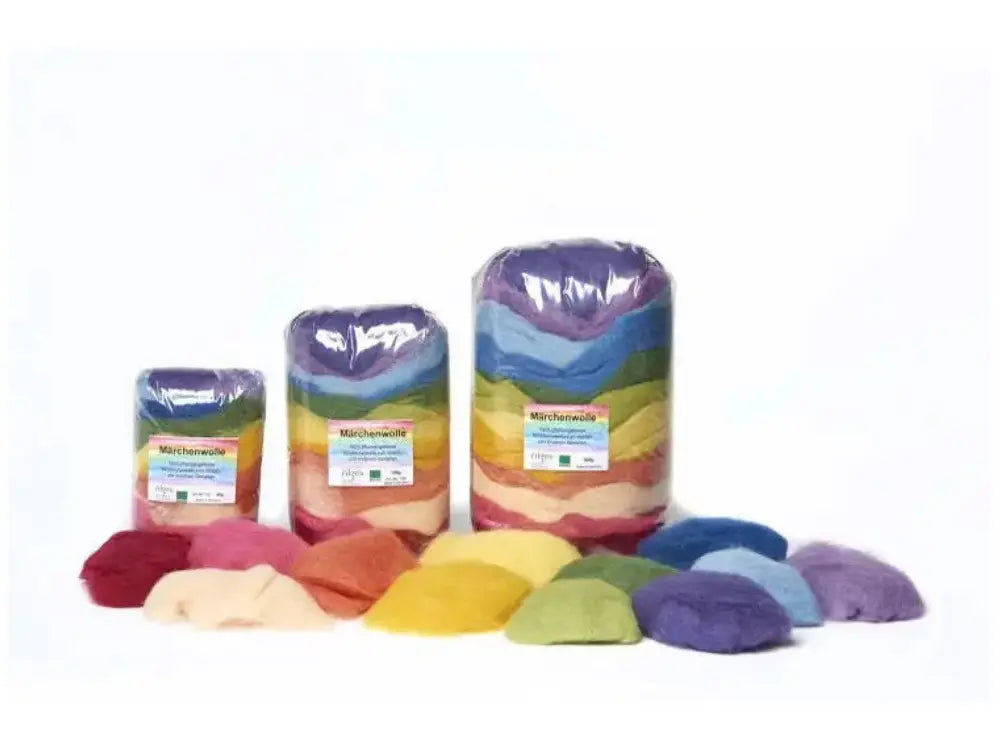 A set of colorful plant-dyed wool bags