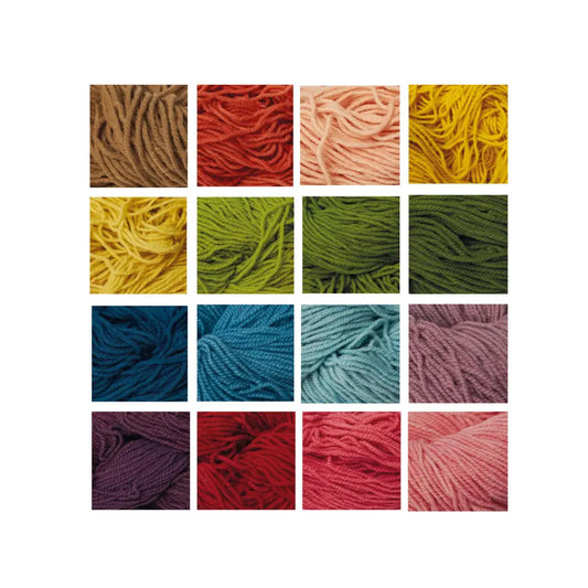 Grid of plant-dyed yarn samples in various colors on a white background