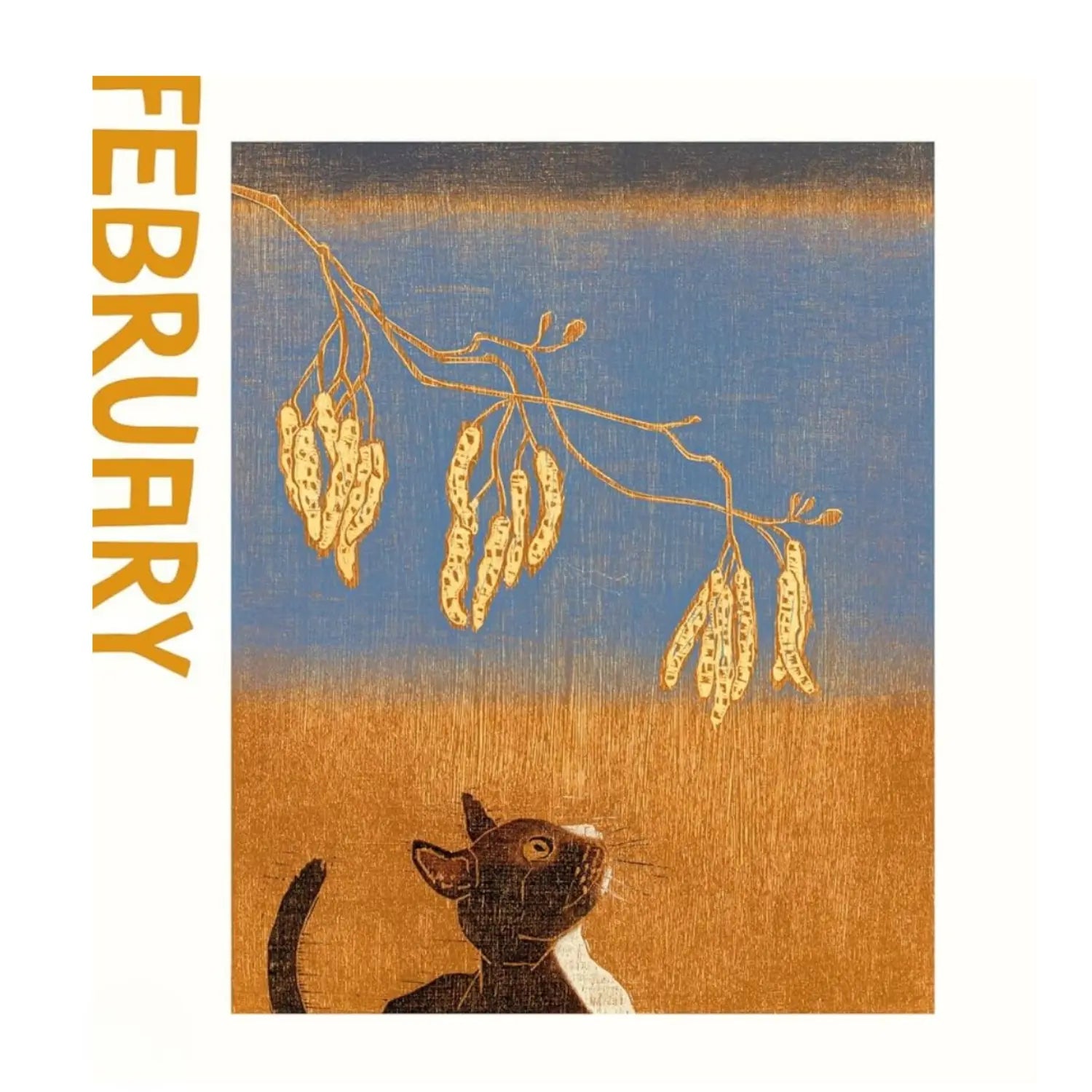 An woodcut illustration showing a black-and-white cat looking upward at hanging golden catkins